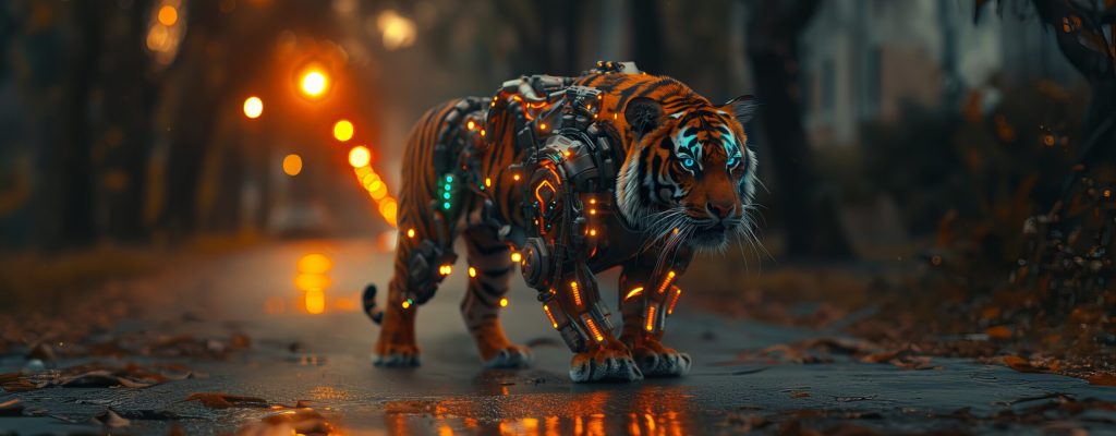 A photorealistic tiger with extensive robotic parts walking through an empty neighborhood street at sunset. The tiger has mechanical limbs, a cybernetic spine, and glowing blue eyes. The streets are deserted, and the warm sunset light casts long shadows, highlighting the intricate details of the tiger's robotic enhancements and blending them seamlessly with its natural fur. Maximum detail. 4K --ar 3:2 --stylize 1000 Job ID: f4afdd5c-dbc2-4bab-848b-820d6e1f7850